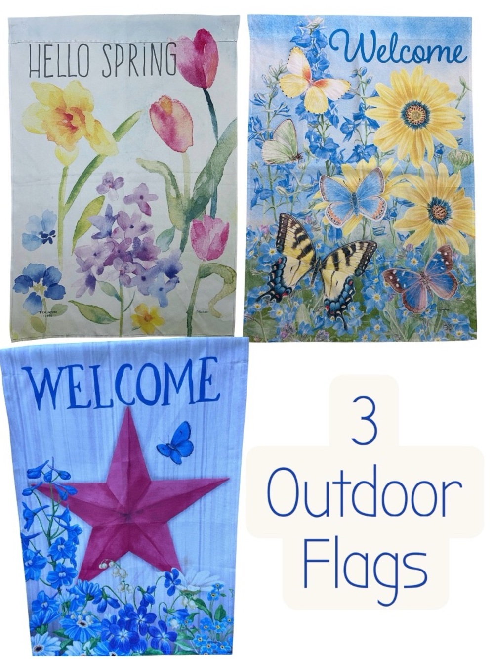3 Outdoor Flags - 2 Porch Flags, 1 Garden Flag. VGUC.